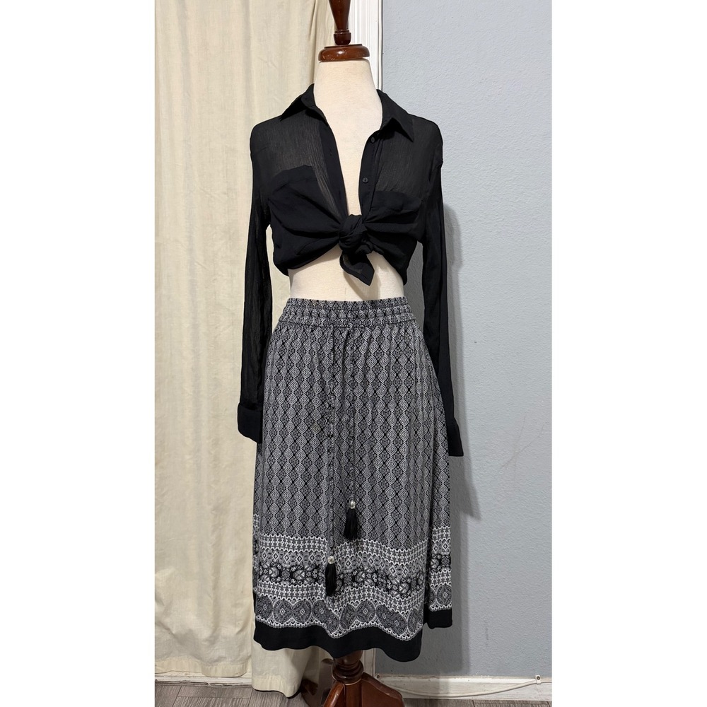 Christopher & Banks Midi Skirt Size M Black White Medallion Print Elastic Waist